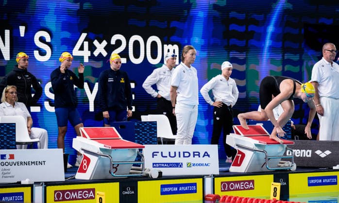 August 10, 2026: Sofia Astedt, Hanna Bergman, Thilda Häll, and Elvira Mörtstrand of Sweden in the women’s 4x200-meter freestyle swimming relay heats during day eleven of the 2026 European Aquatics Championships on August 10, 2026 in Saint Denis. Photo by Joel Marklund. BILDBYRAN code JM JM0838 bbeng swimming 2026 European Aquatics Championships European Championships women Sweden relay  Copyright: JOELxMARKLUND BB260810JM052