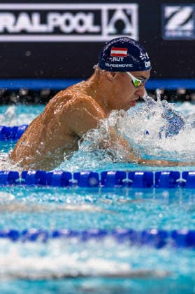 SWIMMING - EAC 2026 PARIS,FRANCE,10.AUG.26 - SWIMMING - European Aquatics Championships Paris 2026, 100m breaststroke, men. Image shows Luka Mladenovic (AUT).  GEPAxpictures xPhilippxBrem
