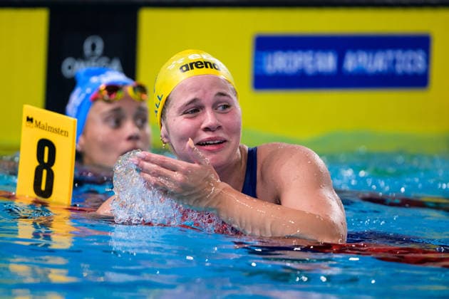 August 10, 2026: Thilda Häll of Sweden reacts after competing in the women’s 800-meter freestyle swimming heats during day eleven of the 2026 European Aquatics Championships on August 10, 2026 in Saint-Denis. Photo by Joel Marklund, BILDBYRAN. Code: JM JM0838 bbeng swimming 2026 European Aquatics Championships European Championships women Sweden celebration  Copyright: JOELxMARKLUND BB260810JM055