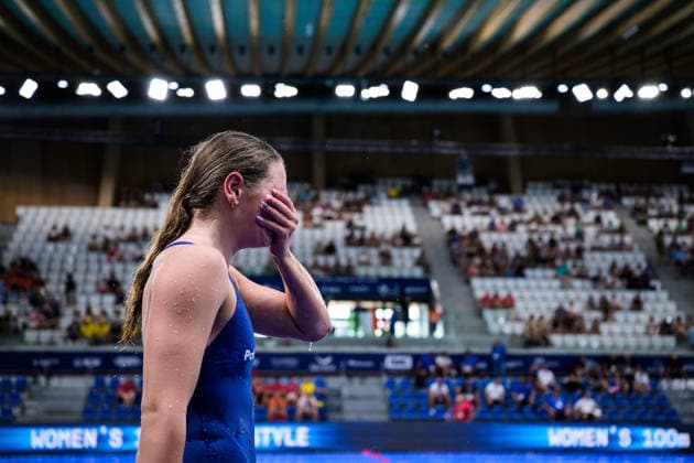 August 10, 2026: Thilda Häll of Sweden reacts after competing in the women’s 800-meter freestyle swimming heats during day eleven of the 2026 European Aquatics Championships on August 10, 2026 in Saint-Denis. Photo by Joel Marklund, BILDBYRAN. Code: JM JM0838 bbeng swimming 2026 European Aquatics Championships European Championships women Sweden celebration  Copyright: JOELxMARKLUND BB260810JM059