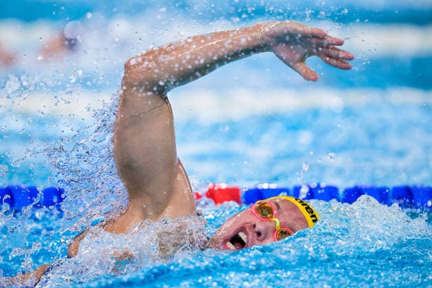 August 10, 2026: Hanna Bergman of Sweden competes in the women’s 4x200-meter freestyle swimming relay heats during day eleven of the 2026 European Aquatics Championships on August 10, 2026 in Saint-Denis. Photo by Joel Marklund, BILDBYRAN, code JM JM0838 bbeng swimming 2026 European Aquatics Championships European Championships women’s Sweden relay  Copyright: JOELxMARKLUND BB260810JM083