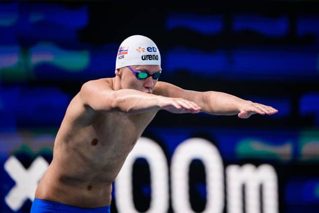 August 10, 2026: Birk Lee Johansen of Norway competes in the men’s 4x200-meter freestyle swimming relay heats during day eleven of the 2026 European Aquatics Championships on August 10, 2026 in Saint Denis. Photo by Joel Marklund. BILDBYRAN code JM JM0838 bbeng swimming 2026 European Aquatics Championships European Championships relay Norway  Copyright: JOELxMARKLUND BB260810JM094