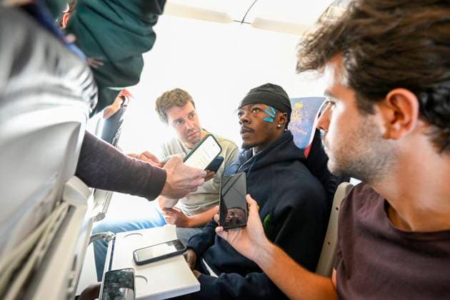 Bodo Glimt v Royale Union Saint-Gilloise - UEFA Champions League Media Activities 10 08 2026 BODO, NORWAY - AUGUST 10 : Fuseini Mohammed Gadafi forward of Royale Union Saint-Gilloise talking to the press during the flight towards Bodo prior the UEFA Champions League 2026 27 third qualifying round second leg between Bodo Glimt and Royale Union Saint-Gilloise on August 10, 2026 in Bodo, Norway, 10 08 2026 Bodo Norway  Copyright: xNicoxVereeckenx