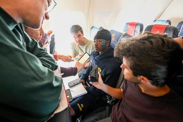 Bodo Glimt v Royale Union Saint-Gilloise - UEFA Champions League Media Activities 10 08 2026 BODO, NORWAY - AUGUST 10 : Fuseini Mohammed Gadafi forward of Royale Union Saint-Gilloise talking to the press during the flight towards Bodo prior the UEFA Champions League 2026 27 third qualifying round second leg between Bodo Glimt and Royale Union Saint-Gilloise on August 10, 2026 in Bodo, Norway, 10 08 2026 Bodo Norway  Copyright: xNicoxVereeckenx