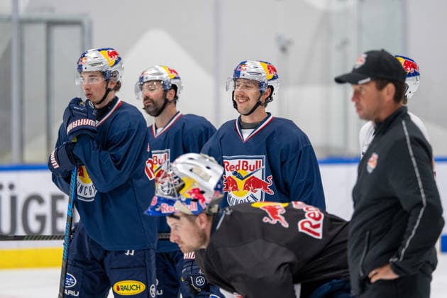 Veit Oswald 27, EHC Red Bull Munich; Ryan Murphy 24, EHC Red Bull Munich; Lucas Thaler 48, EHC Red Bull Munich; EHC Red Bull Munich Press Practice, August 10, 2026, Munich, Bavaria, Germany Copyright: xkolbert-press UlrichxGamelx
