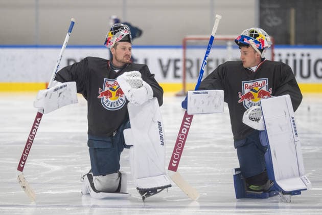 Goalies Antonie Bibeau, 30, of EHC Red Bull Munich, and Mathias Niederberger, 35, of EHC Red Bull Munich, wait for their turn during the EHC Red Bull Munich press practice on August 10, 2026, in Munich, Bavaria, Germany. Copyright: xkolbert-press UlrichxGamelx