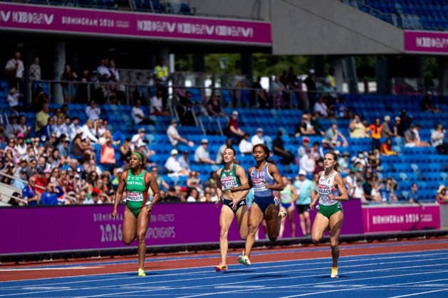 August 10, 2026, GBR, Track and Field, 2026 European Championships, Morning Session Day 1, Birmingham: Arialis Gandulla (Portugal), Ciara Neville (Ireland), Imani Lansiquot (Great Britain), and Boglarka Takacs (Hungary) cross the finish line in the women’s 100-meter dash preliminary round at Alexander Stadium in Birmingham, England, Great Britain Copyright: xNordphoto Memmlerx