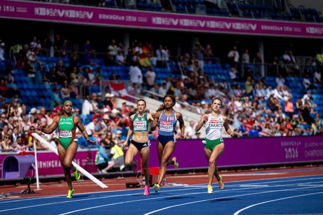 August 10, 2026, GBR, Track and Field, 2026 European Championships, Morning Session Day 1, Birmingham: Arialis Gandulla (Portugal), Ciara Neville (Ireland), Imani Lansiquot (Great Britain), and Boglarka Takacs (Hungary) cross the finish line in the women’s 100-meter dash preliminary round at Alexander Stadium in Birmingham, England, Great Britain Copyright: xNordphoto Memmlerx