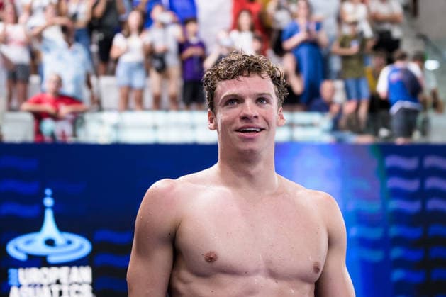 August 10, 2026: Leon Marchand of France after competing in the men’s 4x200-meter freestyle swimming relay final on the eleventh day of the 2026 European Aquatics Championships on August 10, 2026 in Saint-Denis. Photo by Joel Marklund. BILDBYRAN code JM JM0838 bbeng swimming 2026 European Aquatics Championships European Championships relay  Copyright: JOELxMARKLUND BB260810JM151