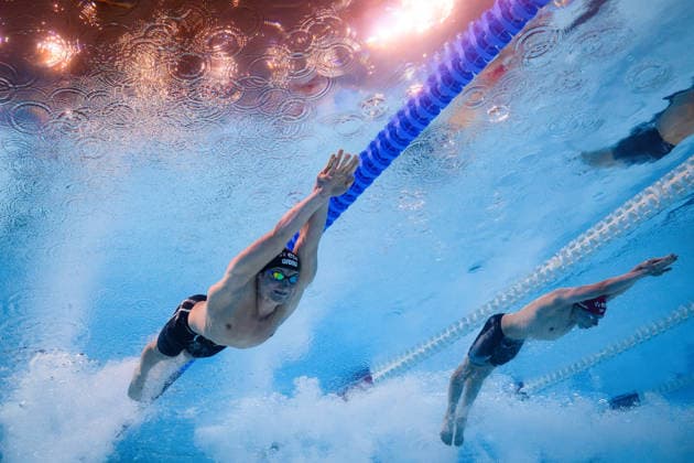 August 10, 2026: Aleksas Savickas of Lithuania and Filip Nowacki of Great Britain compete in the men’s 100-meter breaststroke semifinal on the eleventh day of the 2026 European Aquatics Championships on August 10, 2026 in Saint-Denis. Photo by Joel Marklund. BILDBYRAN code JM JM0838 bbeng swimming 2026 European Aquatics Championships EM  Copyright: JOELxMARKLUND BB260810JM164