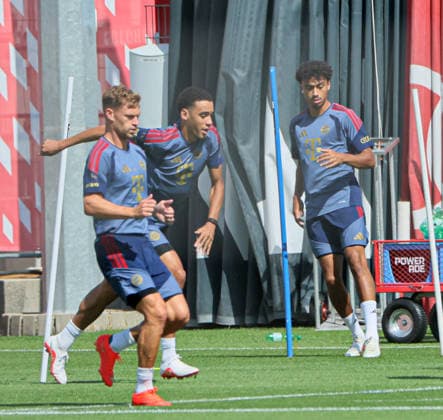August 10, 2026, FC Bayern Training, Saebenerstrasse, Munich, Soccer, Sports, Pictured: Joshua Kimmich (FC Bayern Munich), Jamal Musiala (FC Bayern Munich), Nathaniel Brown (FC Bayern Munich)