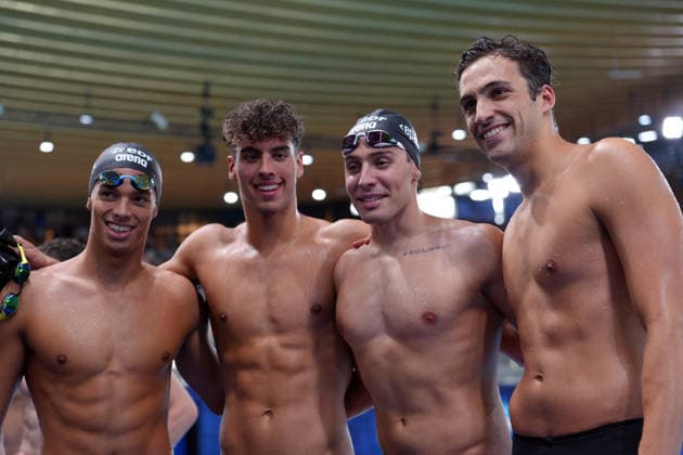 Carlos D Ambrosio, Marco De Tullio, Jacopo Barbotti e Filippo Megli Men’s team Italy relay 4x200 at the Swimming European Aquatics Championships Paris 2026, Paris, August 10, 2026 .  Copyright: xGianxMattiaxD Alberto LaPressex