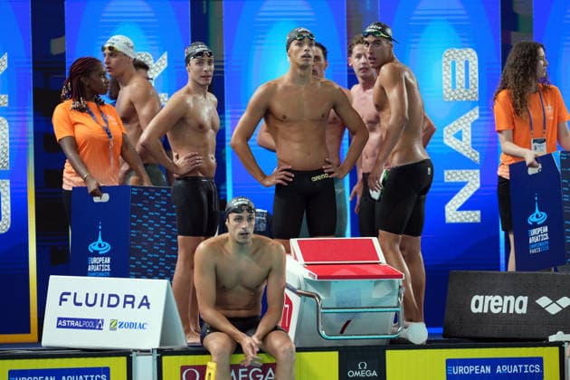 Carlos D Ambrosio, Marco De Tullio, Jacopo Barbotti e Filippo Megli Men’s team Italy relay 4x200 at the Swimming European Aquatics Championships Paris 2026, Paris, August 10, 2026 .  Copyright: xGianxMattiaxD Alberto LaPressex