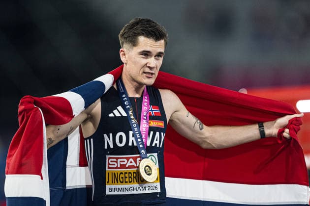 260810 Jakob Asserson Ingebrigtsen of Norway celebrates after the men’s 5,000-meter race on Day 1 of the 2026 European Athletics Championships on August 10, 2026 in Birmingham. Photo by Mathias Bergeld, BILDBYRAN, code MB MT1064. track and field, athletics, friidrett, friidrotts EM, 2026 European Athletics Championships, 1, celebration, Norway  Copyright: MATHIASxBERGELD BB260810MB107