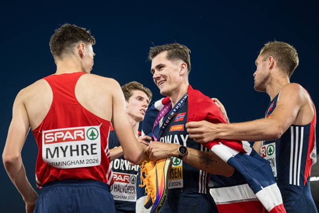 260810 Magnus Tuv Myhre of Norway, Andreas Fjeld Halvorsen of Norway, Jakob Asserson Ingebrigtsen, and Filip Mangen Ingebrigtsen of Norway celebrate after the men’s 5,000-meter race on Day 1 of the 2026 European Athletics Championships on August 10, 2026 in Birmingham. Photo by Mathias Bergeld, BILDBYRAN, code MB MT1064. track and field, athletics, friidrett, friidrotts EM, 2026 European Athletics Championships, 1, celebration, Norway  Copyright: MATHIASxBERGELD BB260810MB114
