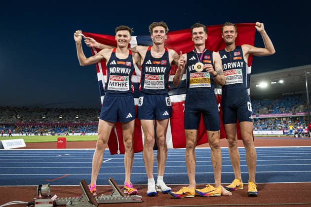 260810 Magnus Tuv Myhre of Norway, Andreas Fjeld Halvorsen of Norway, Jakob Asserson Ingebrigtsen, and Filip Mangen Ingebrigtsen of Norway celebrate after the men’s 5,000-meter race on Day 1 of the 2026 European Athletics Championships on August 10, 2026 in Birmingham. Photo by Mathias Bergeld, BILDBYRAN, code MB MT1064. track and field, athletics, friidrett, friidrotts EM, 2026 European Athletics Championships, 1, celebration, Norway  Copyright: MATHIASxBERGELD BB260810MB115