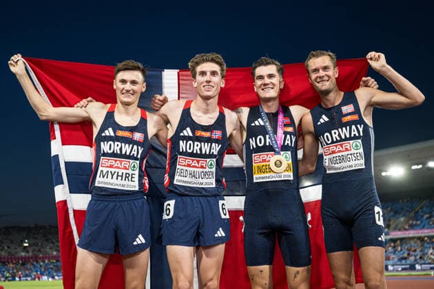 260810 Magnus Tuv Myhre of Norway, Andreas Fjeld Halvorsen of Norway, Jakob Asserson Ingebrigtsen, and Filip Mangen Ingebrigtsen of Norway celebrate after the men’s 5,000-meter race on Day 1 of the 2026 European Athletics Championships on August 10, 2026 in Birmingham. Photo by Mathias Bergeld, BILDBYRAN, code MB MT1064. track and field, athletics, friidrett, friidrotts EM, 2026 European Athletics Championships, 1, celebration, Norway  Copyright: MATHIASxBERGELD BB260810MB117
