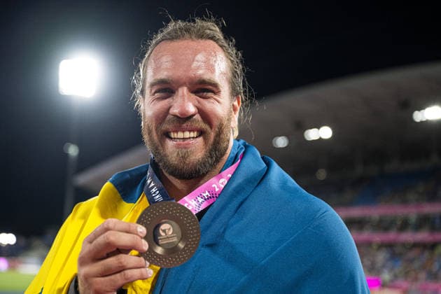 260810 Wictor Petersson of Sweden celebrates after competing in the men’s shot put during Day 1 of the 2026 European Athletics Championships on August 10, 2026 in Birmingham. Photo by Maxim Thore. BILDBYRAN code MT MT1064. track and field, athletics, friidrett, friidrotts EM, 2026 European Athletics Championships, 1, BBENG, Sweden, celebration, shot put, kula, kulestot Copyright: MAXIMxTHORE BB260810MT164