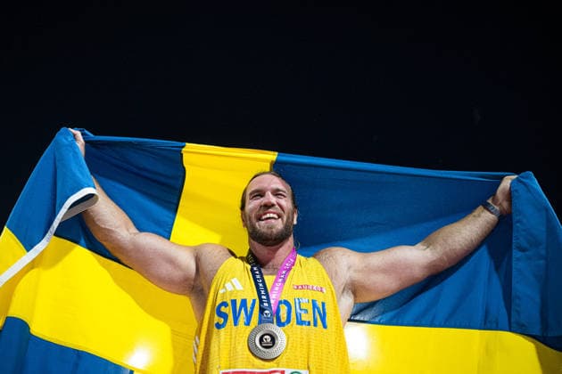 260810 Wictor Petersson of Sweden celebrates after competing in the men’s shot put during Day 1 of the 2026 European Athletics Championships on August 10, 2026 in Birmingham. Photo by Maxim Thore. BILDBYRAN code MT MT1064. track and field, athletics, friidrett, friidrotts EM, 2026 European Athletics Championships, 1, BBENG, Sweden, celebration, shot put, kula, kulestot Copyright: MAXIMxTHORE BB260810MT168
