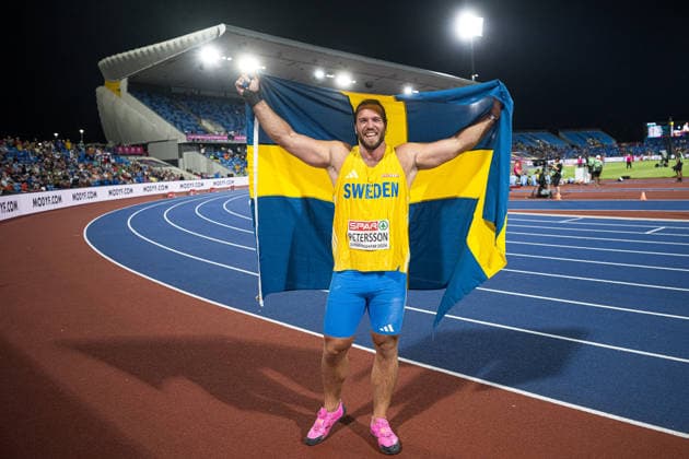 260810 Wictor Petersson of Sweden celebrates after competing in the men’s shot put during Day 1 of the 2026 European Athletics Championships on August 10, 2026 in Birmingham. Photo by Maxim Thore. BILDBYRAN code MT MT1064 athletics friidrett European Athletics Championships 2026 1 BBENG Sweden celebration shot put  Copyright: MAXIMxTHORE BB260810MT170