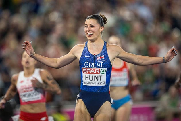 August 10, 2026: Amy Hunt of Great Britain celebrates after the women’s 100-meter race on Day 1 of the 2026 European Athletics Championships on August 10, 2026 in Birmingham. Photo by Maxim Thore. BILDBYRAN code MT MT1064 track and field athletics friidrett friidrotts em em friidretts em 2026 European Athletics Championships 1 bbeng celebration women  Copyright: MAXIMxTHORE BB260810MT181