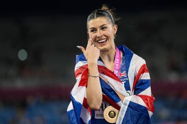 August 10, 2026: Amy Hunt of Great Britain celebrates after the women’s 100-meter race on Day 1 of the 2026 European Athletics Championships on August 10, 2026 in Birmingham. Photo by Mathias Bergeld. BILDBYRAN code MB MT1064. track and field, athletics, friidrett, friidrotts EM, 2026 European Athletics Championships, 1, celebration  Copyright: MATHIASxBERGELD BB260810MB139