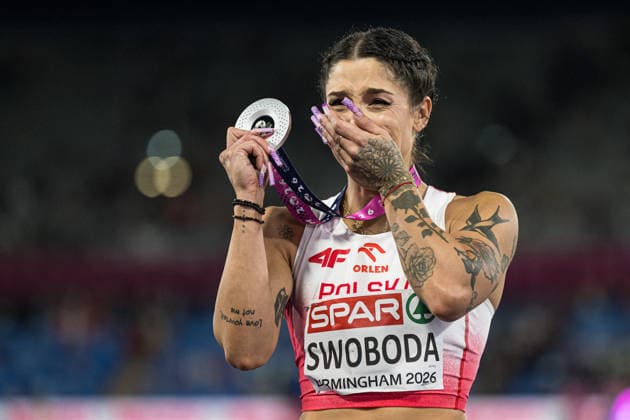 260810 Ewa Swoboda of Poland celebrates after the women’s 100-meter race on Day 1 of the 2026 European Athletics Championships on August 10, 2026 in Birmingham. Photo by Mathias Bergeld. BILDBYRAN code MB MT1064. track and field, athletics, friidrett, friidrotts EM, 2026 European Athletics Championships, 1, celebration  Copyright: MATHIASxBERGELD BB260810MB141