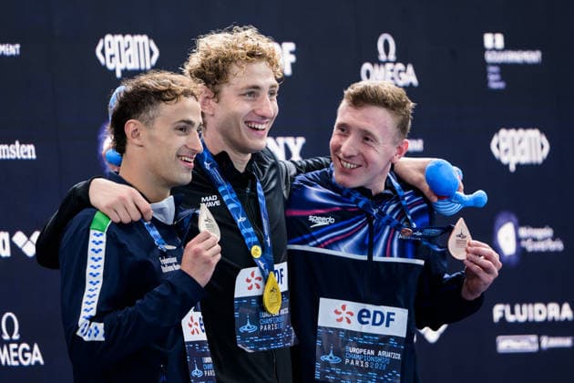 August 10, 2026: Alberto Razzetti of Italy, Ilia Borodin of Neutral Athletes B (Russia), and Max Litchfield of Great Britain with their medals on the podium after the men’s 400-meter individual medley swimming final on the eleventh day of the 2026 European Aquatics Championships on August 10, 2026 in Saint Denis. Photo by Joel Marklund. BILDBYRAN code JM JM0838 bbeng swimming 2026 European Aquatics Championships EM Russia  Copyright: JOELxMARKLUND BB260810JM181