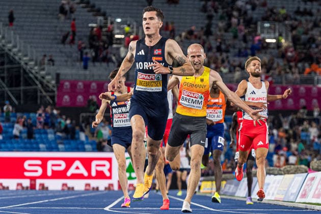 260810 Jakob Asserson Ingebrigtsen of Norway competes in the men’s 5,000-meter race during Day 1 of the 2026 European Athletics Championships on August 10, 2026 in Birmingham. Photo by Mathias Bergeld, BILDBYRAN, code MB MT1064. track and field, athletics, friidrett, friidrotts EM, 2026 European Athletics Championships, 1, BBeng, Norway, celebration  Copyright: MATHIASxBERGELD BB260810MB156