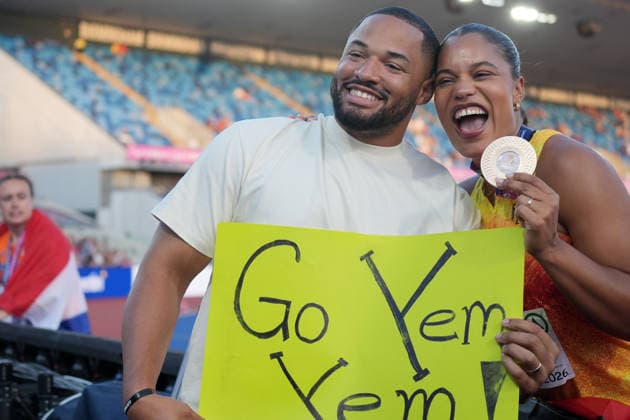 Birmingham, Track and Field, Athletics, EAA, 2026 European Athletics Championships in Birmingham, August 10–17, 2026, Alexander Stadium, Birmingham, United Kingdom, Women’s Shot Put, Final, Yemisi Mabry, Germany (GER) with her husband Tyler. Copyright Gladys Chai von der Laage