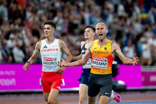 August 10, 2026, GBR, Track and Field, 2026 European Championships, Evening Session, Day 1, Birmingham Florian Bremm of Germany celebrates at the finish line after winning the silver medal for second place in the men s 5,000-meter race, final, at Alexander Stadium in Birmingham, England, United Kingdom Copyright: xNordphoto Memmlerx