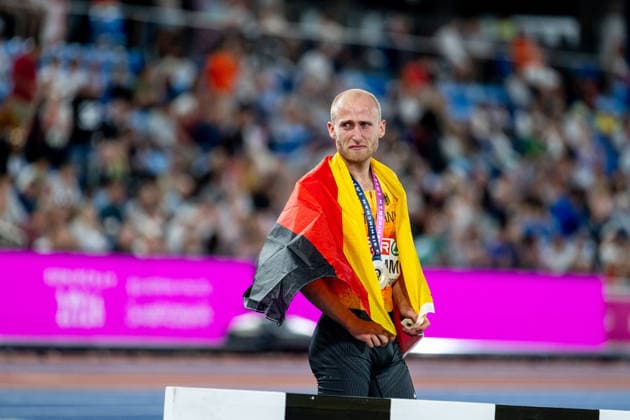 August 10, 2026, GBR, Track and Field, 2026 European Championships, Evening Session Day 1, Birmingham Florian Bremm of Germany celebrates at the finish line with a flag, having won the silver medal for second place in the men’s 5,000-meter race, final, at Alexander Stadium in Birmingham, England, United Kingdom Copyright: xNordphoto Memmlerx