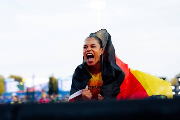 European Athletics Championships, Birmingham, August 10, 2026: Yemisi Mabry celebrates with the German flag at the European Athletics Championships in Birmingham on August 10, 2026 Copyright: xBEAUTIFULxSPORTS Flatemerschx