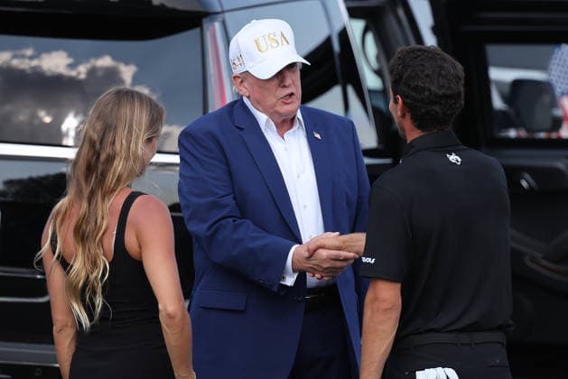 BEDMINSTER, NJ - AUGUST 09: President Donald Trump congratulates Joaquin Niemann of the LIV Golf League after his final round win of LIV Golf New York on August 9, 2026 at Trump National Golf Club in Bedminster, New Jersey. (Photo by Andrew Mordzynski Icon Sportswire) GOLF: AUG 09 LIV Golf New York EDITORIAL USE ONLY Icon2608098188714