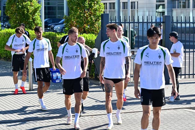 August 11, 2026, Mönchengladbach Soccer, Men s Team, 2026–2027 Season, Borussia Mönchengladbach Training: On the way to training: Shuto Machino (Gladbach), Tomas Cvancara (Gladbach), Nico Elvedi (Gladbach), Fabio Chiarodia (Gladbach), Joe Scally (Gladbach). DFL regulations prohibit any use of photographs as image sequences and or quasi-video content at Borussia Park, North Rhine-Westphalia, Germany