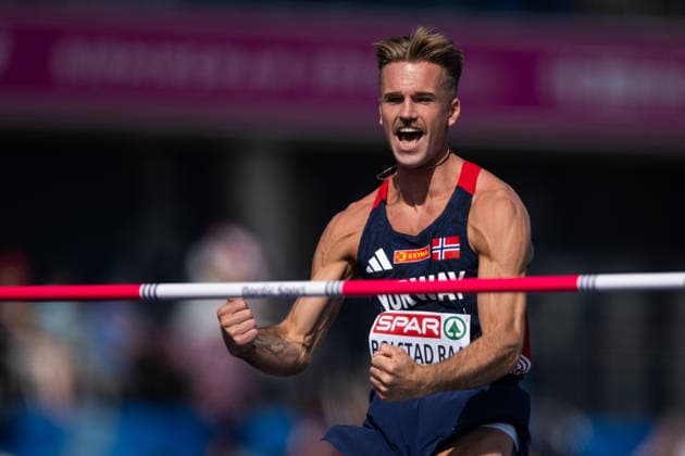 260811 Erlend Bolstad Raa of Norway celebrates during the men’s high jump qualifying round on Day 2 of the 2026 European Athletics Championships on August 11, 2026 in Birmingham. Photo by Maxim Thore. BILDBYRAN code MT MT1065 track and field athletics friidrett friidrotts em em friidretts em 2026 European Athletics Championships 2 high jump high jump height high jump celebration  Copyright: MAXIMxTHORE BB260811MT011