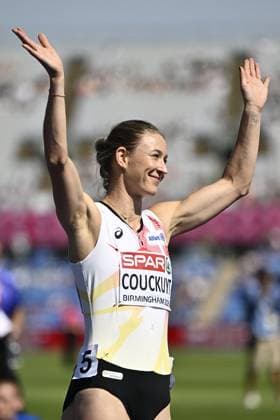 Belgian Paulien Couckuyt celebrates as she won her heat in the semifinals of the Women 400m Hurdles race, on the second day of the European Athletics Championships (August 10-18) in Birmingham, United Kingdom, on Tuesday 11 August 2026. ERICxLALMAND  x183140637x