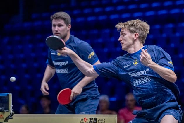MALMÖ, August 11, 2026 Sweden’s Anton Källberg teamed up with Kristian Karlsson in their match against Darko Jorgic and Deni Kozul of Slovenia in the first round of the men’s doubles at the Europe Smash Sweden 2026 table tennis tournament at Malmö Arena in Malmö, Sweden, on August 11, 2026 MALMÖ SWEDEN x50090x  Copyright: xJohanxNilssonx xTTx EUROPE SMASH SWEDEN 2026