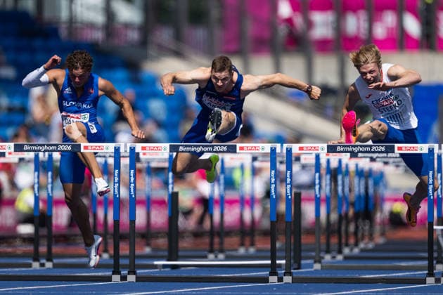 August 11, 2026: Elmo Lakka of Finland competes in the men’s 110-meter hurdles qualifying round during Day 2 of the 2026 European Athletics Championships on August 11, 2026 in Birmingham. Photo by Mathias Bergeld, BILDBYRAN, code MB MT1065. track and field, athletics, friidrett, friidrotts EM, 2026 European Athletics Championships, 200-meter hurdles, hekk, häck  Copyright: MATHIASxBERGELD BB260811MB039