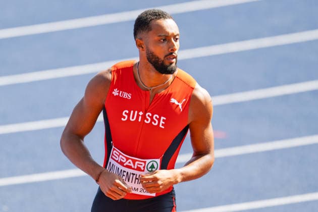 BIRMINGHAM, UNITED KINGDOM - AUGUST 11: TimothÃ Mumenthaler of Switzerland competes in the Men s 100m during the European Athletics Championships at Alexander Stadium on August 11, 2026 in Birmingham, United Kingdom. England United Kingdom Copyright: xBEAUTIFULxSPORTS TobiasxLacknerx