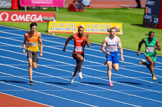BIRMINGHAM, UNITED KINGDOM - AUGUST 11: TimothÃ Mumenthaler of Switzerland competes in the Men s 100m during the European Athletics Championships at Alexander Stadium on August 11, 2026 in Birmingham, United Kingdom. England United Kingdom Copyright: xBEAUTIFULxSPORTS TobiasxLacknerx