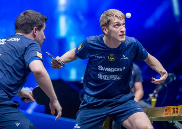 MALMÖ, August 11, 2026. Sweden’s Anton Källberg, paired with Kristian Karlsson, serves in the match against Darko Jorgic and Deni Kozul of Slovenia in the first round of the men’s doubles at the Europe Smash Sweden 2026 table tennis tournament at Malmö Arena in Malmö, Sweden, on August 11, 2026 MALMÖ SWEDEN x50090x  Copyright: xJohanxNilssonx xTTx EUROPE SMASH SWEDEN 2026