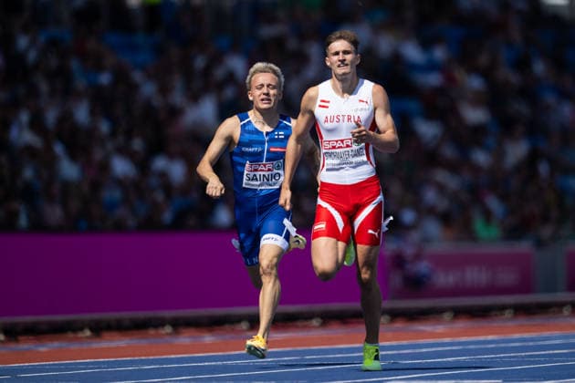 August 11, 2026: Antti Sainio of Finland and Niklas Strohmayer Dangl of Austria compete in the men’s 400-meter hurdles qualifying round during Day 2 of the 2026 European Athletics Championships on August 11, 2026 in Birmingham. Photo by Mathias Bergeld, BILDBYRAN, code MB MT1065. track and field, athletics, friidrett, friidrotts EM, 2026 European Athletics Championships, 2 BBENG, hurdles, hekk, häck  Copyright: MATHIASxBERGELD BB260811MB069