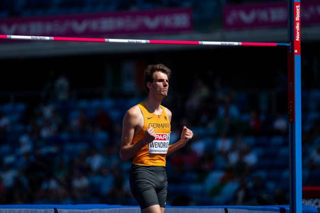 August 11, 2026, GBR, Track and Field, 2026 European Championships, Morning Session, Day 2, Birmingham; Falk Wendrich of Germany is pleased with a good jump, Men s High Jump, Qualifying Round, Birmingham Alexander Stadium, England, Great Britain Copyright: xNordphoto Memmlerx