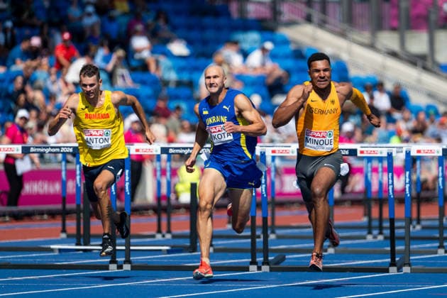 August 11, 2026, GBR, Track and Field, 2026 European Championships, Morning Session Day 2, Birmingham Gregory Minoue (Germany), alongside Oleh Kukota (Ukraine) and Alin Ionut Anton (Romania), Men’s 110-meter Hurdles, Heats, Birmingham Alexander Stadium, England, Great Britain Copyright: xNordphoto Memmlerx