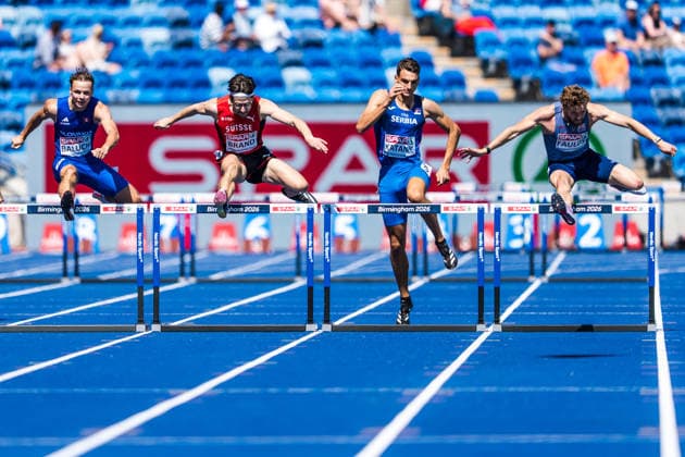 European Athletics Championships, Birmingham, August 11, 2026 BIRMINGHAM, UNITED KINGDOM AUGUST 11 From left to right: Matej Baluch (SVK) Slovakia, Dany Brand (Switzerland), Mihajlo Katanic (SRB, Serbia), and Joshua Faulds (GBR, Great Britain) clearing the final hurdle in the first round of the men’s 400-meter hurdles on August 11, 2026, in Birmingham, United Kingdom Copyright: xBEAUTIFULxSPORTS UlfxSchillerx