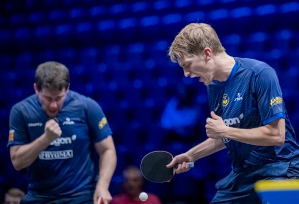 MALMÖ, August 11, 2026 Sweden’s Kristian Karlsson and Anton Källberg celebrate after winning their match against Darko Jorgic and Deni Kozul of Slovenia in the first round of the men’s doubles at the Europe Smash Sweden 2026 table tennis tournament at Malmö Arena in Malmö, Sweden, on August 11, 2026 MALMÖ SWEDEN x50090x  Copyright: xJohanxNilssonx xTTx EUROPE SMASH SWEDEN 2026
