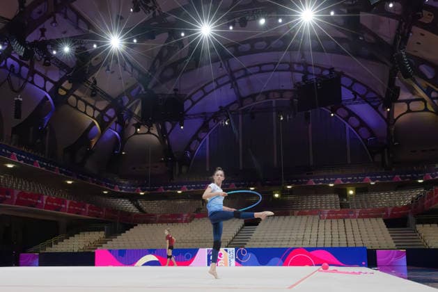 World Rhythmic Gymnastics Championships: Daniela Munits of Israel at her first practice session at the Festhalle. World Rhythmic Gymnastics Championships, August 11–16, at the Festhalle in Frankfurt am Main, Frankfurt am Main, Hesse, Germany. Festhalle