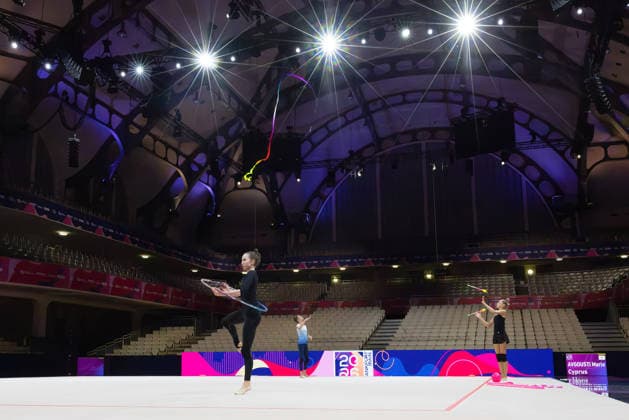 World Rhythmic Gymnastics Championships: Athletes First Training Sessions at Frankfurt s Festhalle World Rhythmic Gymnastics Championships from August 11 to 16 at the Festhalle in Frankfurt am Main, Frankfurt am Main, Hesse, Germany, Festhalle