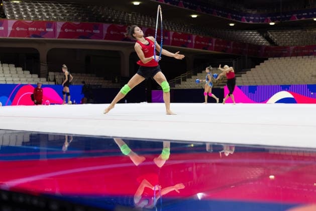 World Rhythmic Gymnastics Championships: Lauren Grüniger of Switzerland at her first practice session at the Festhalle. World Rhythmic Gymnastics Championships, August 11–16, at the Festhalle in Frankfurt am Main, Frankfurt am Main, Hesse, Germany. Festhalle